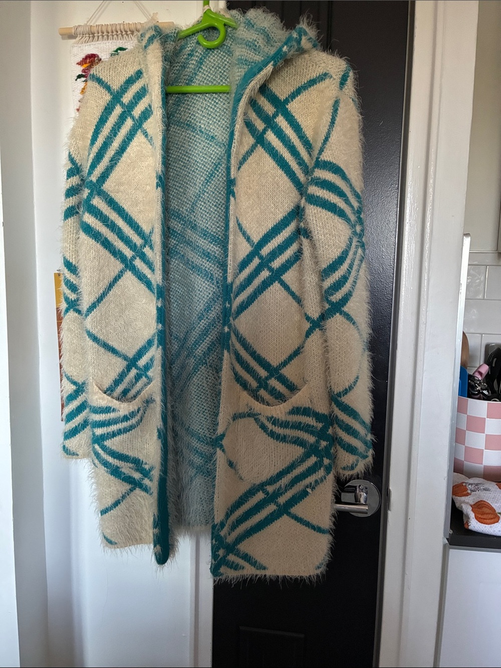 Cream & Teal Hooded Open-Front Cardigan